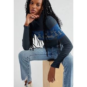 DAYDREAMER x Free People Snowflake Ski Mock Neck Navy Blue Waffle Long Sleeve